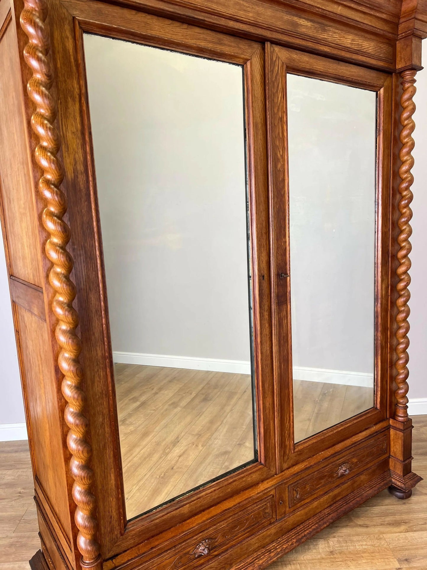 Vintage Wardrobe French Oak Two Door Mirrored Carved Armoire Cabinet LOT 6124