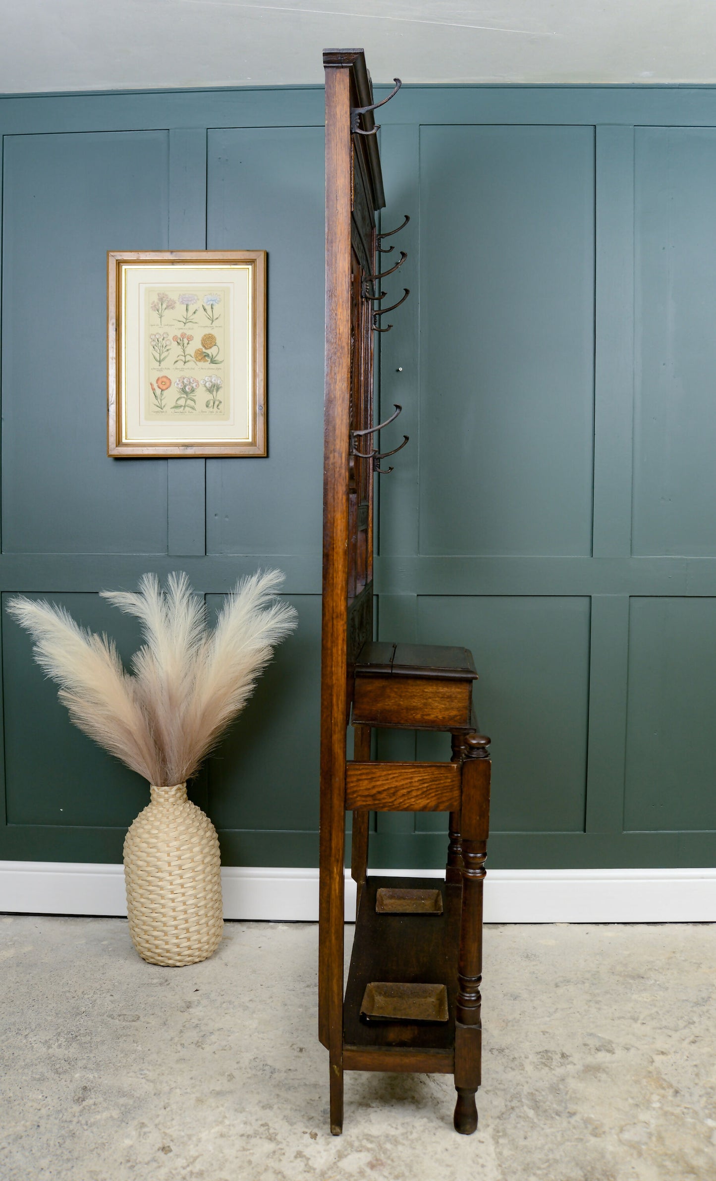 Antique Oak Hall Stand with Seahorse Carvings