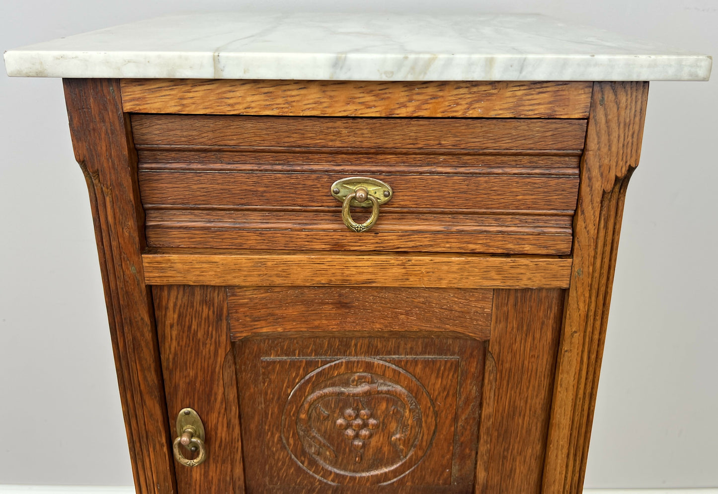 Bedside Table Antique French Style Marble Top Oak Cabinet Nightstand LOT 6244