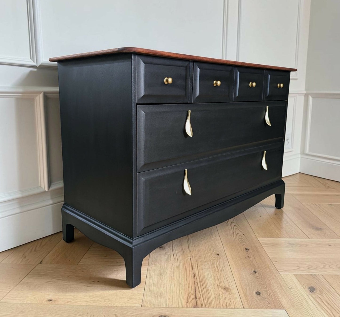 Stag Mid-Century Modern Black Chest of Drawers, Cherry Wood, Gold Leaf Knobs