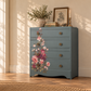 Floral Upcycled Chest of Drawers, Blue Grey Vintage Dresser, Painted Furniture