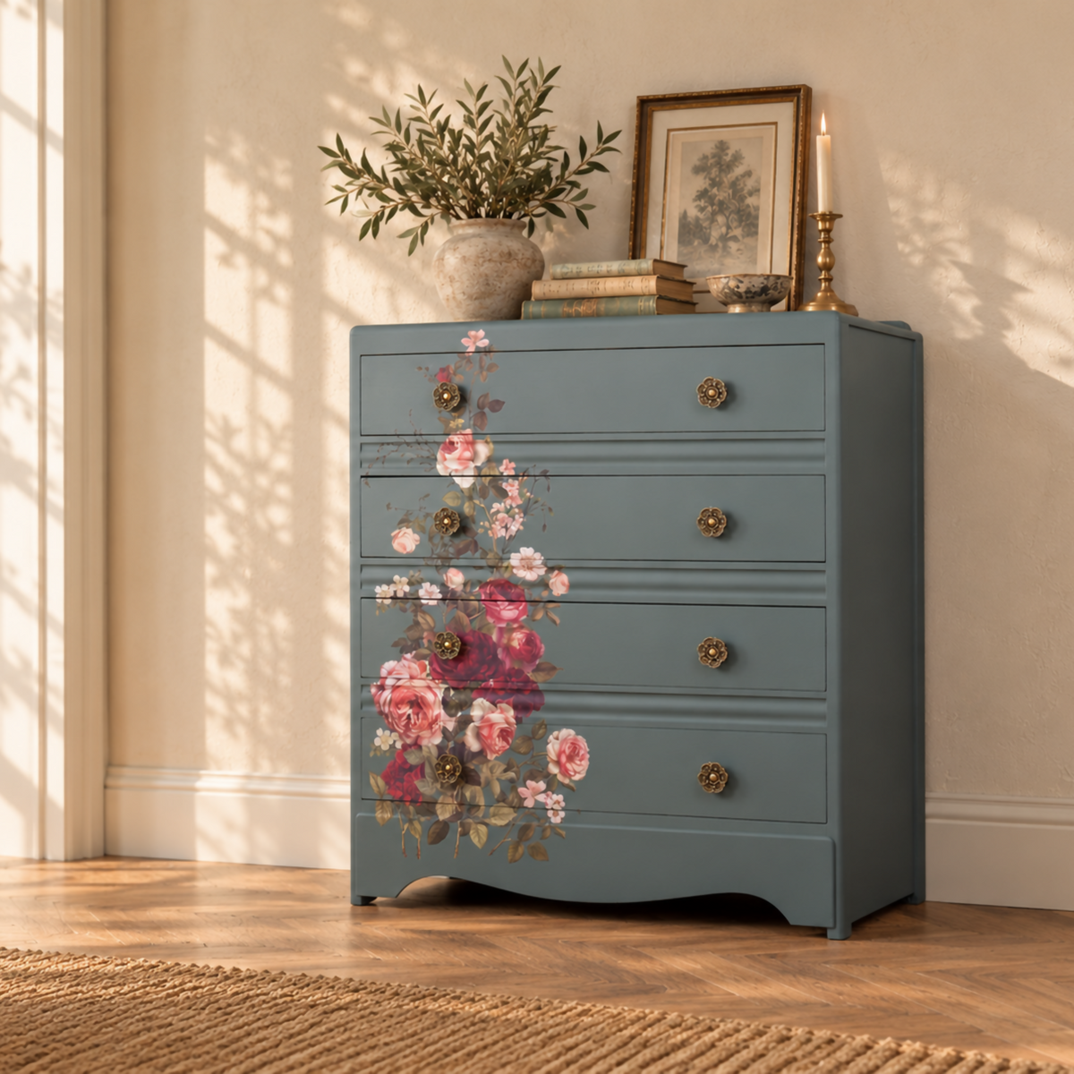 Floral Upcycled Chest of Drawers, Blue Grey Vintage Dresser, Painted Furniture
