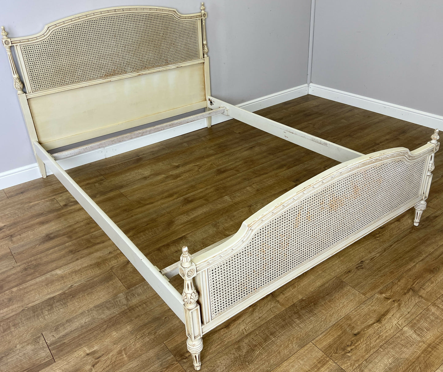 Bed Vintage French King Size Bed Frame Cane Panel Carved Headboard LOT 6410