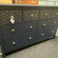 Large Painted Navy Chest Of Drawers With Gold Morrocan Stencil And Gold Bees