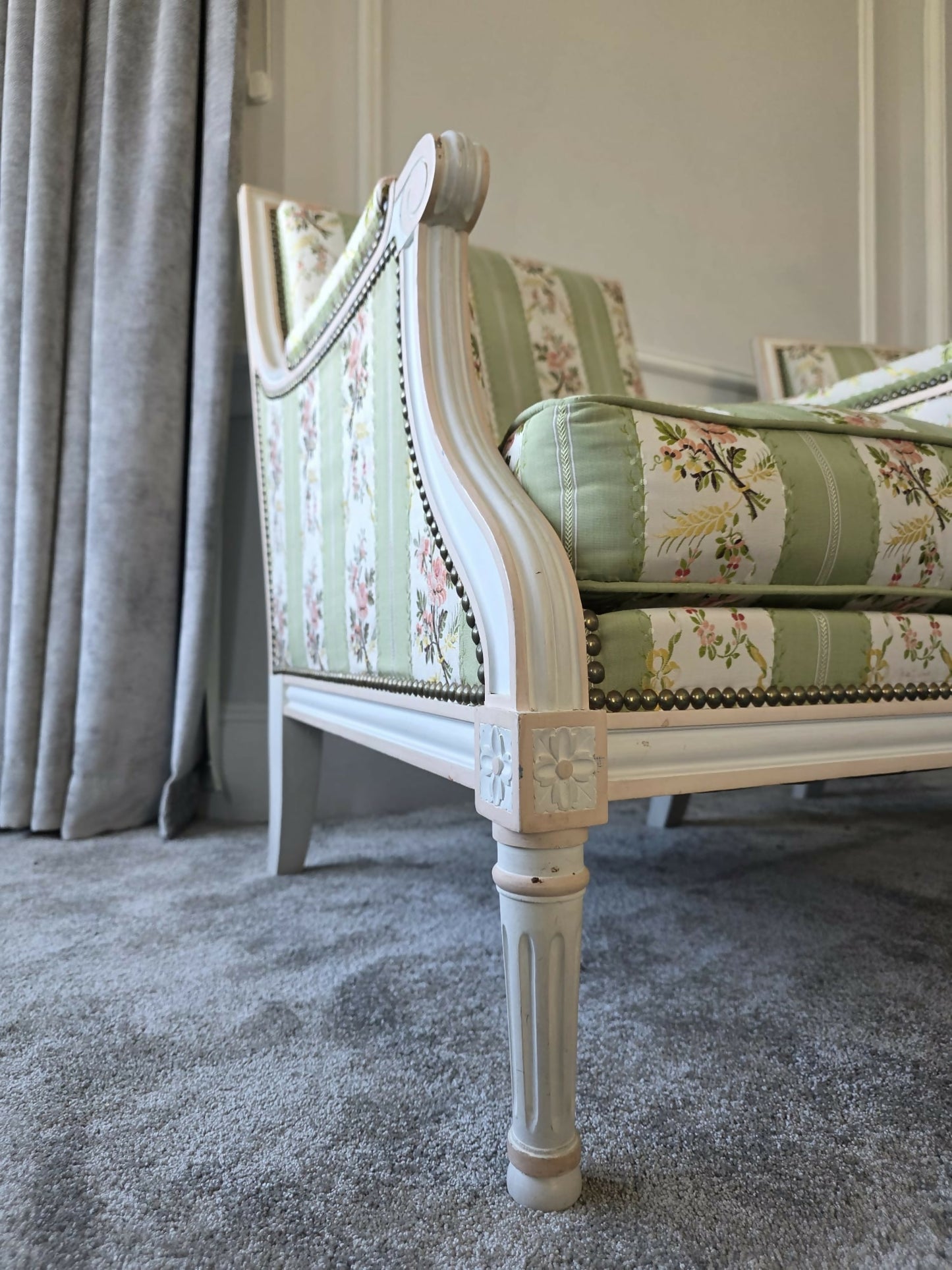 A Pair of French, Louis XVI Bergere Armchairs. Upholstered in French Embroidered Silk Upholstery Fabric