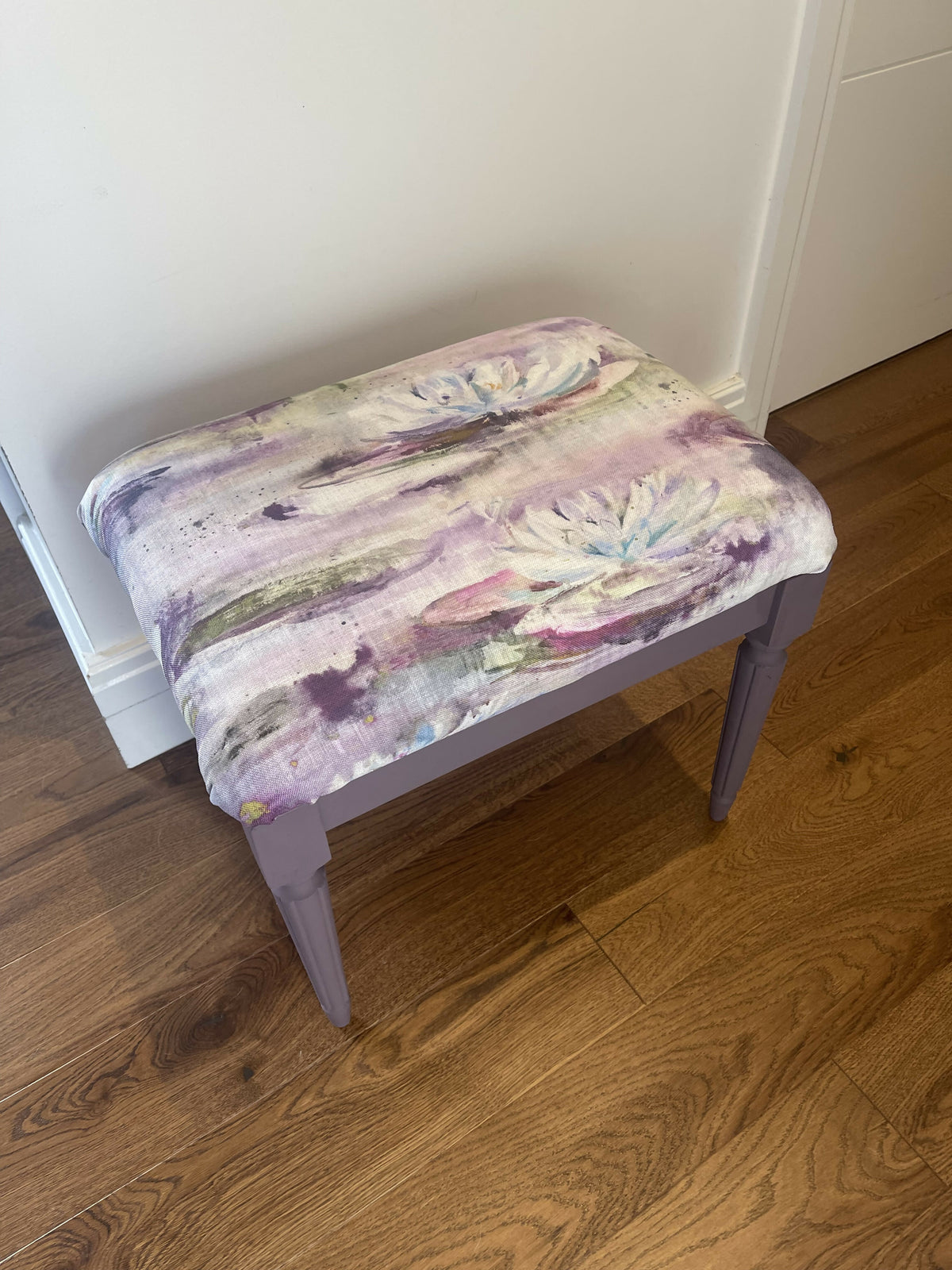 Vanity stool. Aubergine paint and matching fabric Height46cm, depth 40 cm length 50 cm