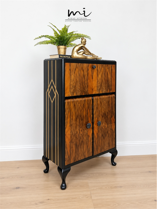 Refurbished Art Deco Burl Walnut Petit Cocktail Cabinet, Black and Gold, Vintage Drinks Cabinet