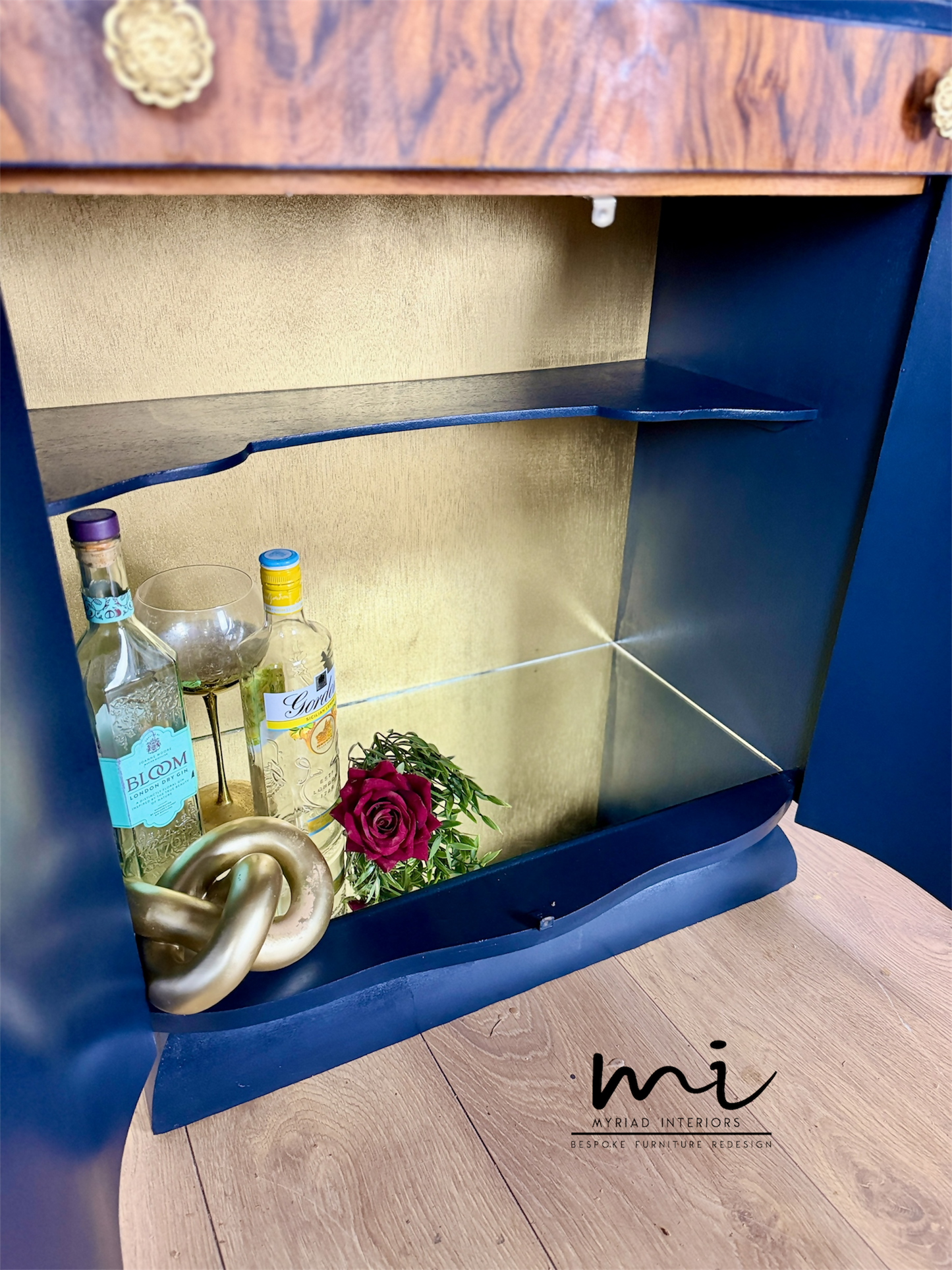 Navy Blue And Gold Art Deco Burl Walnut Cocktail Cabinet, Drinks Cabinet