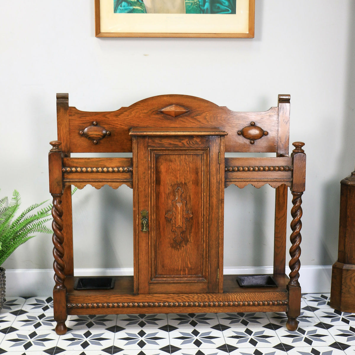 Oak Hall Stand Stick Stand with Drip Trays and Cupboard