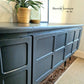 Long Curved Nathan Sideboard in Railings Grey with Black & Gold tapered legs.