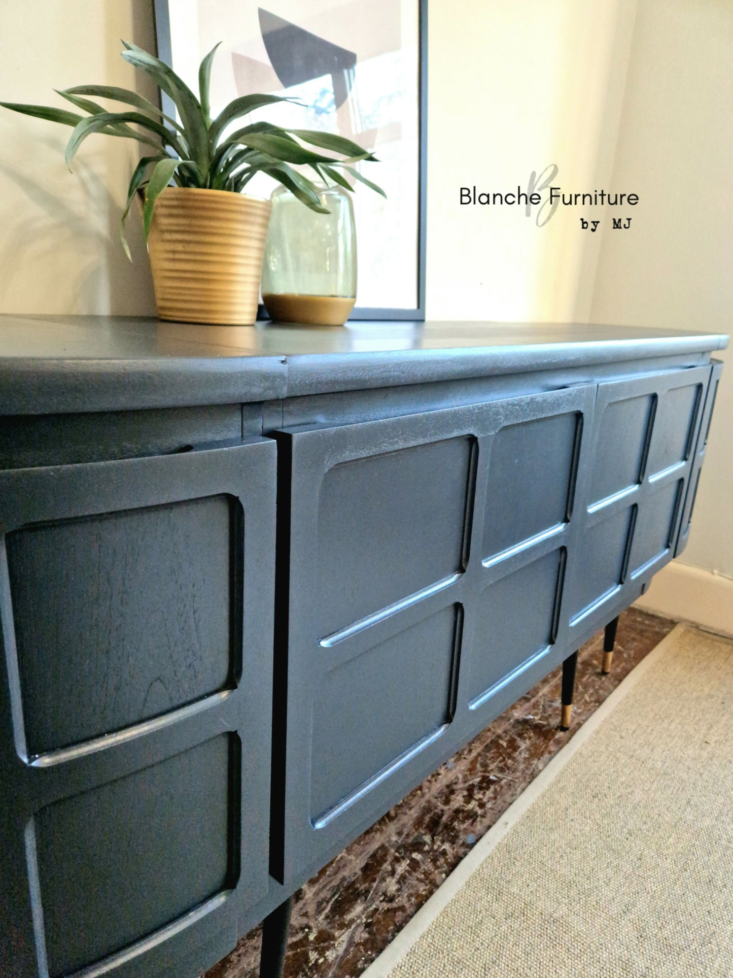 Long Curved Nathan Sideboard in Railings Grey with Black & Gold tapered legs.