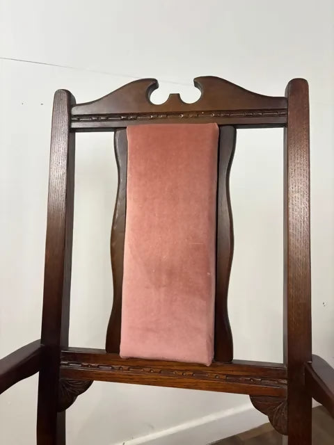 Pair Of Vintage Oak Armchairs With Pink Upholstered Seats & Backs
