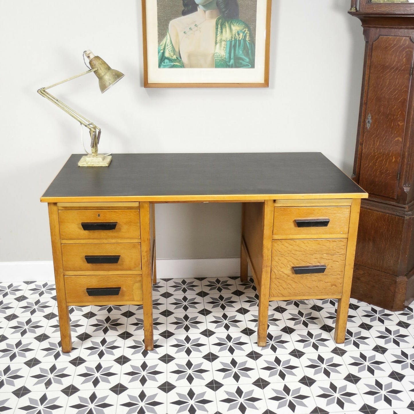 Vintage Oak Faced Mid Century Twin Pedestal Desk with Black Leatherette Top