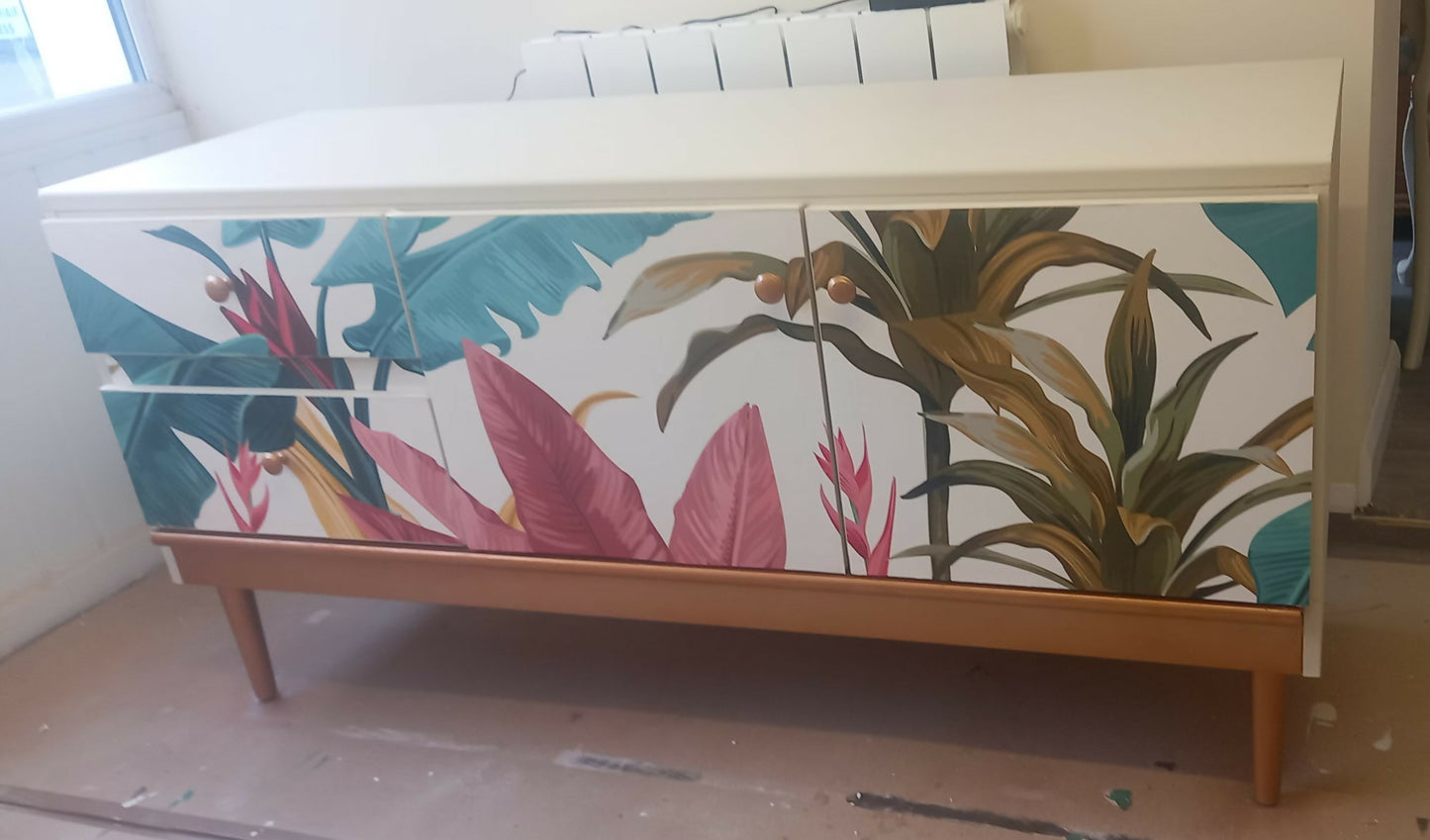 Midcentury Retro Sideboard in White and Tropical Plant Print. Living Room Painted Upcycled Furniture