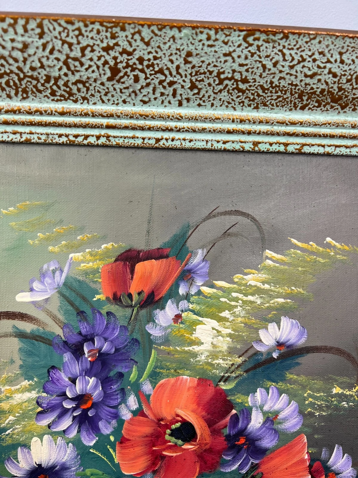 Painting Vintage French Floral Vase Red Purple Flower Signed Framed LOT 3878