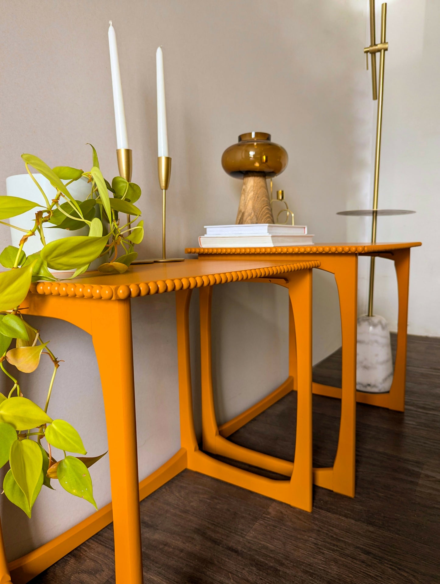 Pair of Bright Orange Side Tables/End Tables with Bobbin Details