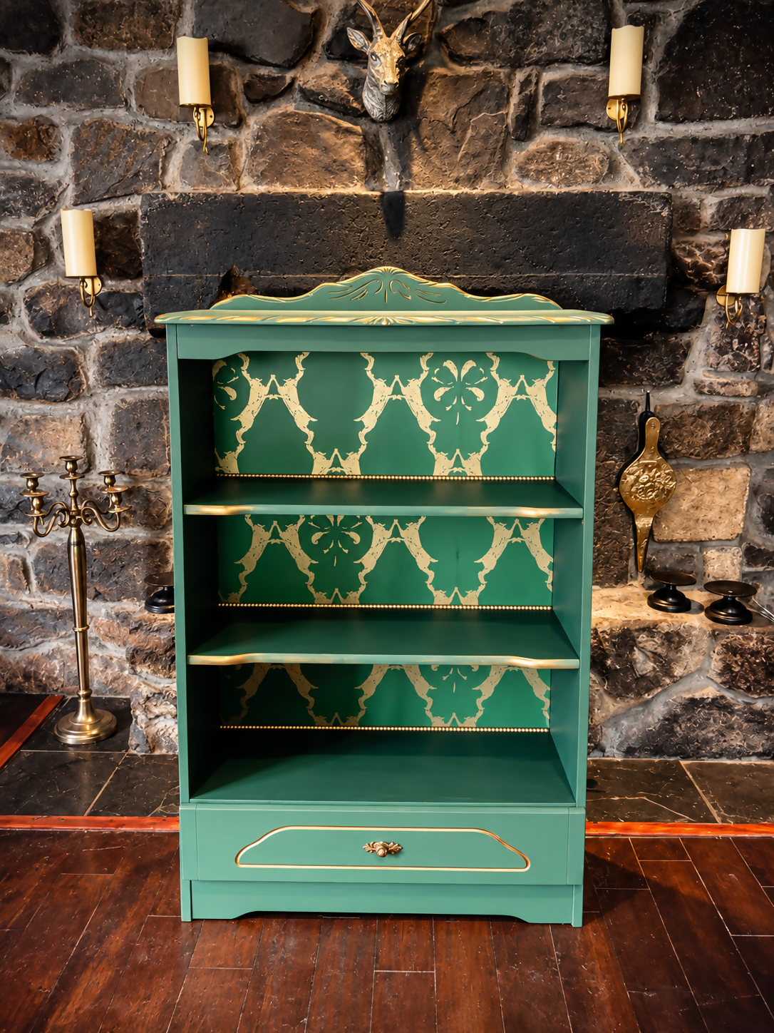Upcycled Vintage Green & Gold Woodland 'Boxing Hares' Patterned Statement Bookcase