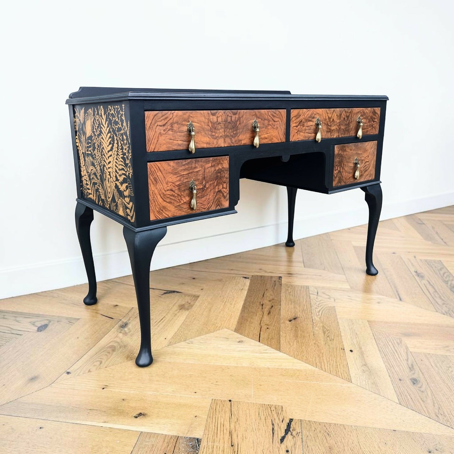 Vintage art deco black gold walnut burr wood desk dressing table