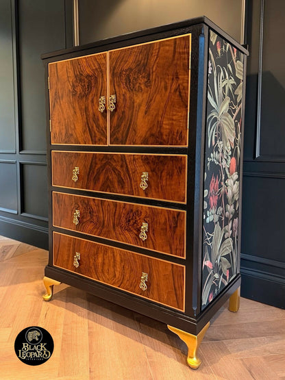 Vintage Art Deco Tallboy Dresser Drinks Cabinet | Hand Painted Refurbished Bespoke | Velvet Decoupage Black Gold Botanical Queen Anne Legs
