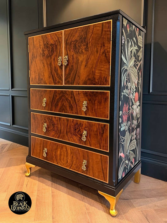 Vintage Art Deco Tallboy Dresser Drinks Cabinet | Hand Painted Refurbished Bespoke | Velvet Decoupage Black Gold Botanical Queen Anne Legs
