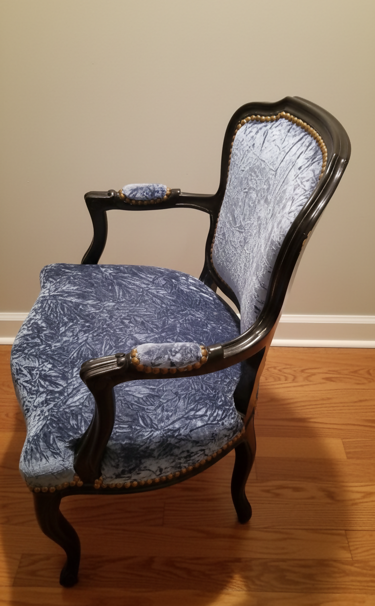 Louis XV Rococco Style Vintage Antique Chair Blue Crushed Velvet