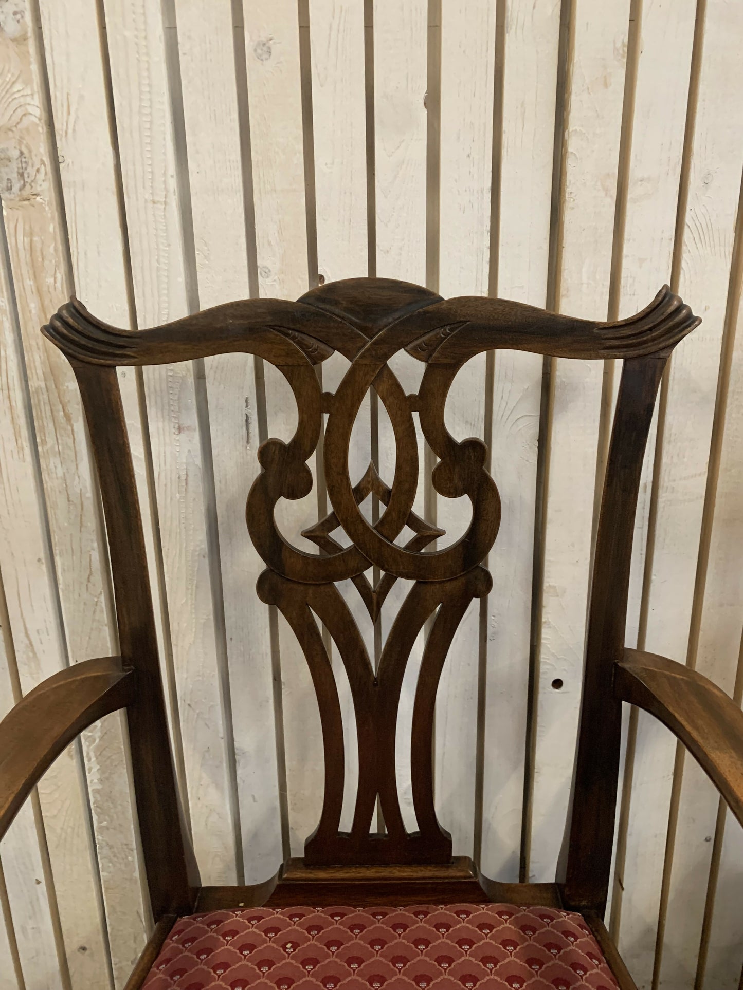6 Mahogany Chippendale Style Dining Chairs with Red Upholstered drop-in seats.