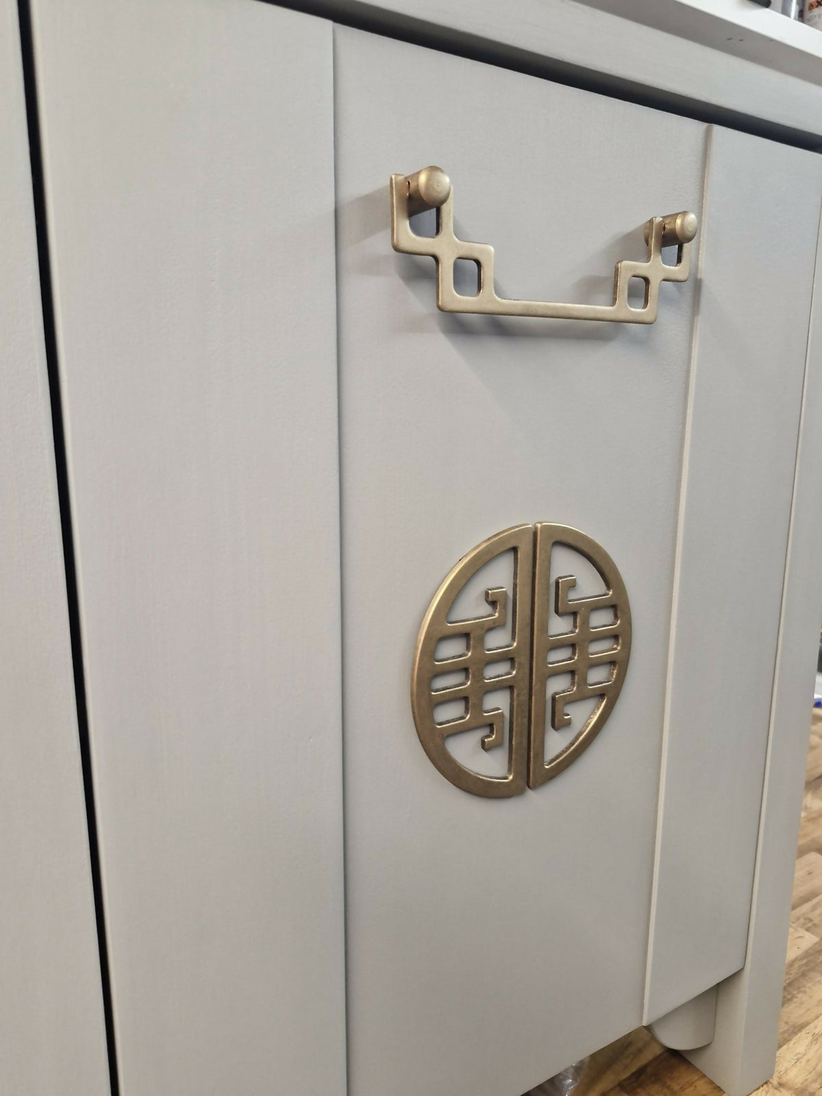 Restored Oriental Chinoiserie Style Cabinet in Modern Greeney Grey
