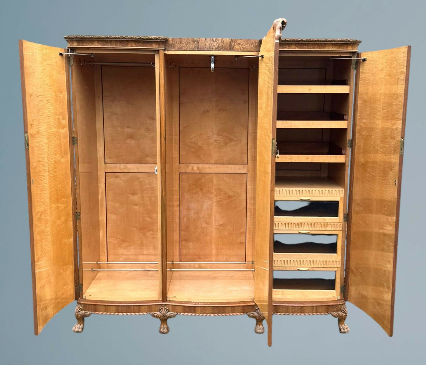 Carved Walnut and Maple Three Door Wardrobe Berick Furniture