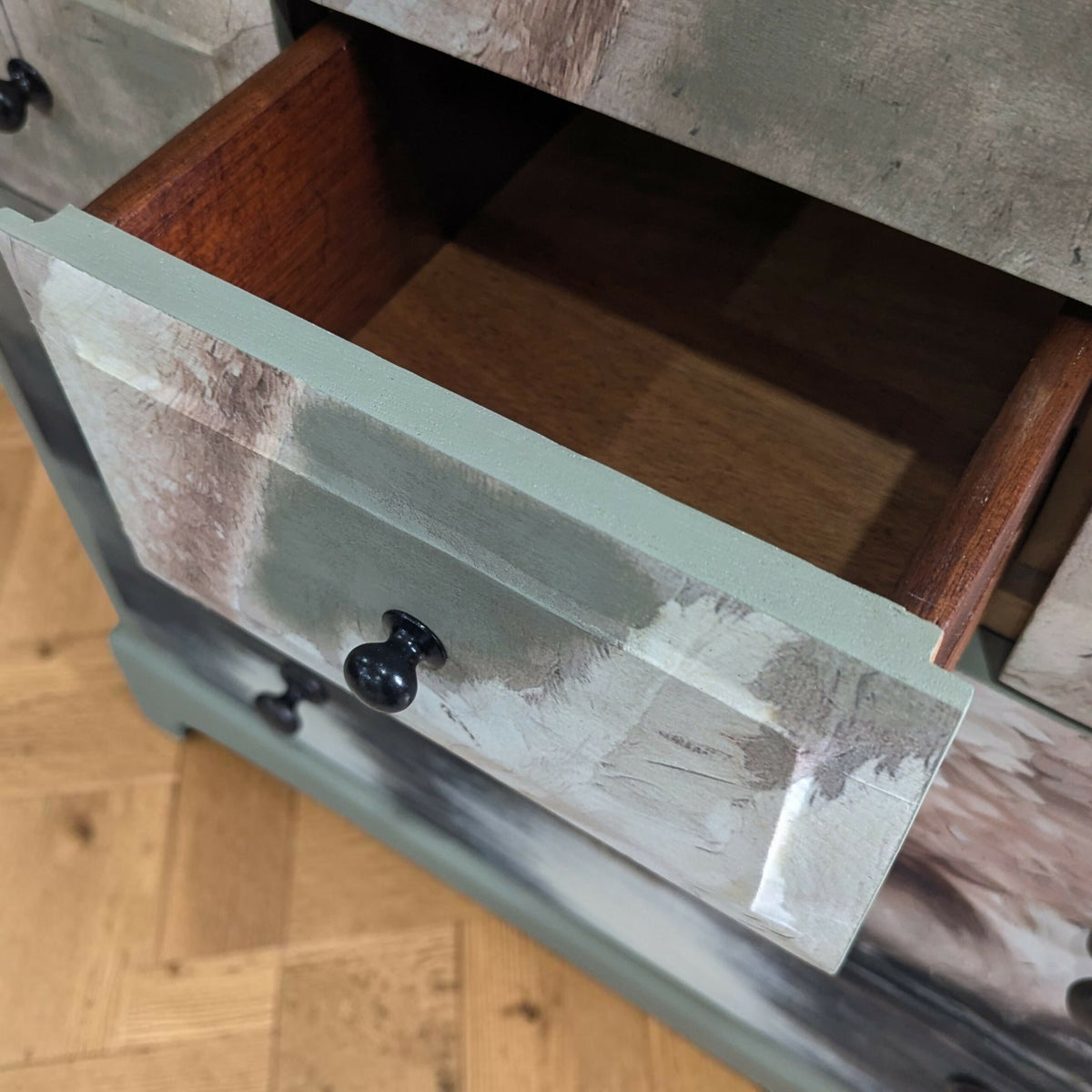 Vintage Stag sage green chest of drawers decoupage tallboy