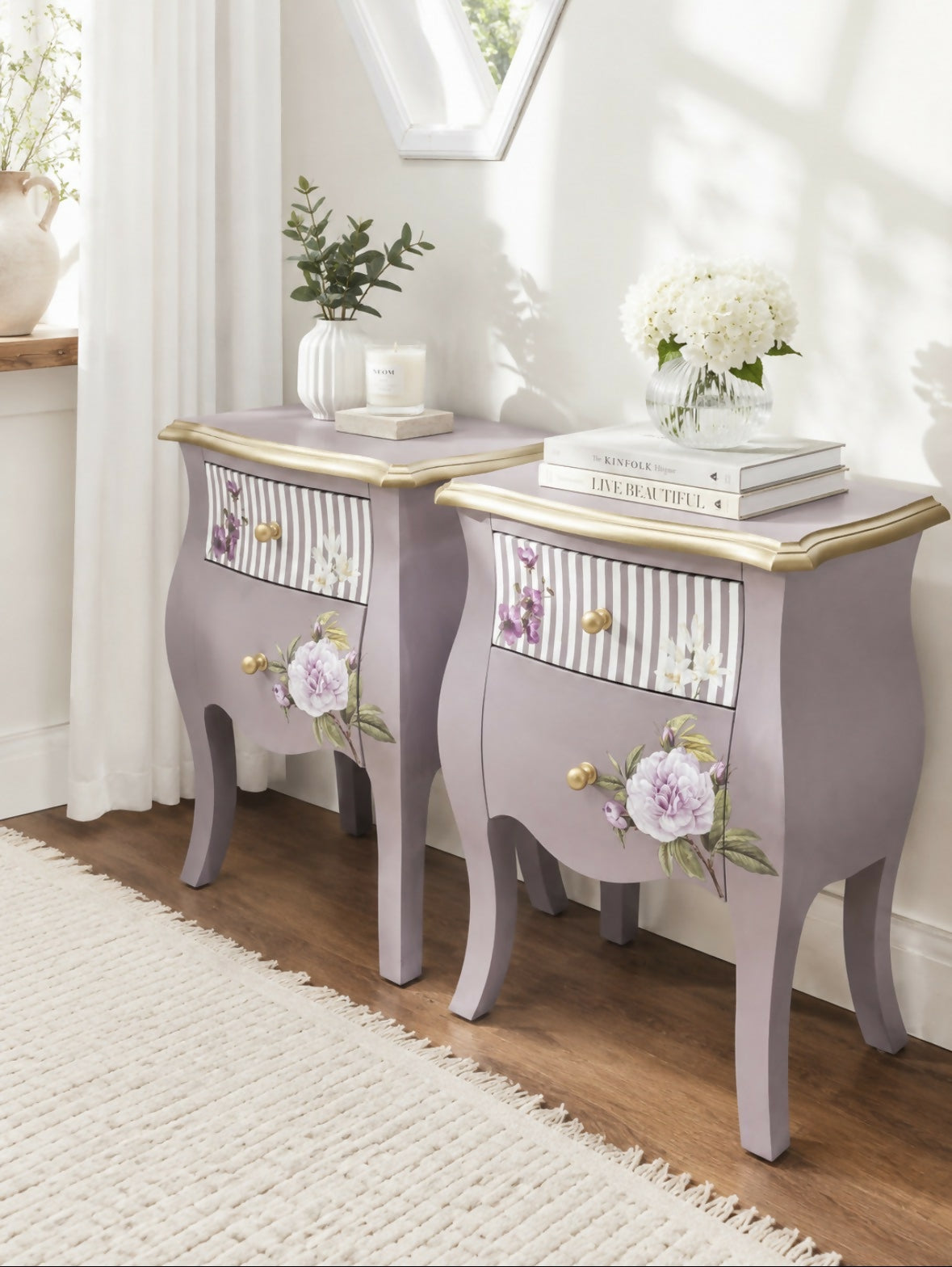 Hand-Painted Lavender Floral Bedside Tables | Vintage Upcycled Nightstands (Pair)