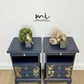 Rare refinished Stag Minstrel Tea Tray Bedside Tables in Navy Blue With Gold Floral Bird Design, Nightstands, vintage