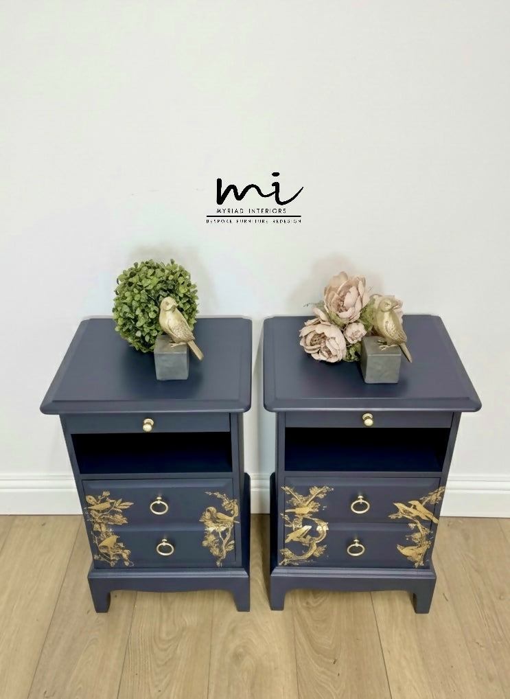 Rare refinished Stag Minstrel Tea Tray Bedside Tables in Navy Blue With Gold Floral Bird Design, Nightstands, vintage