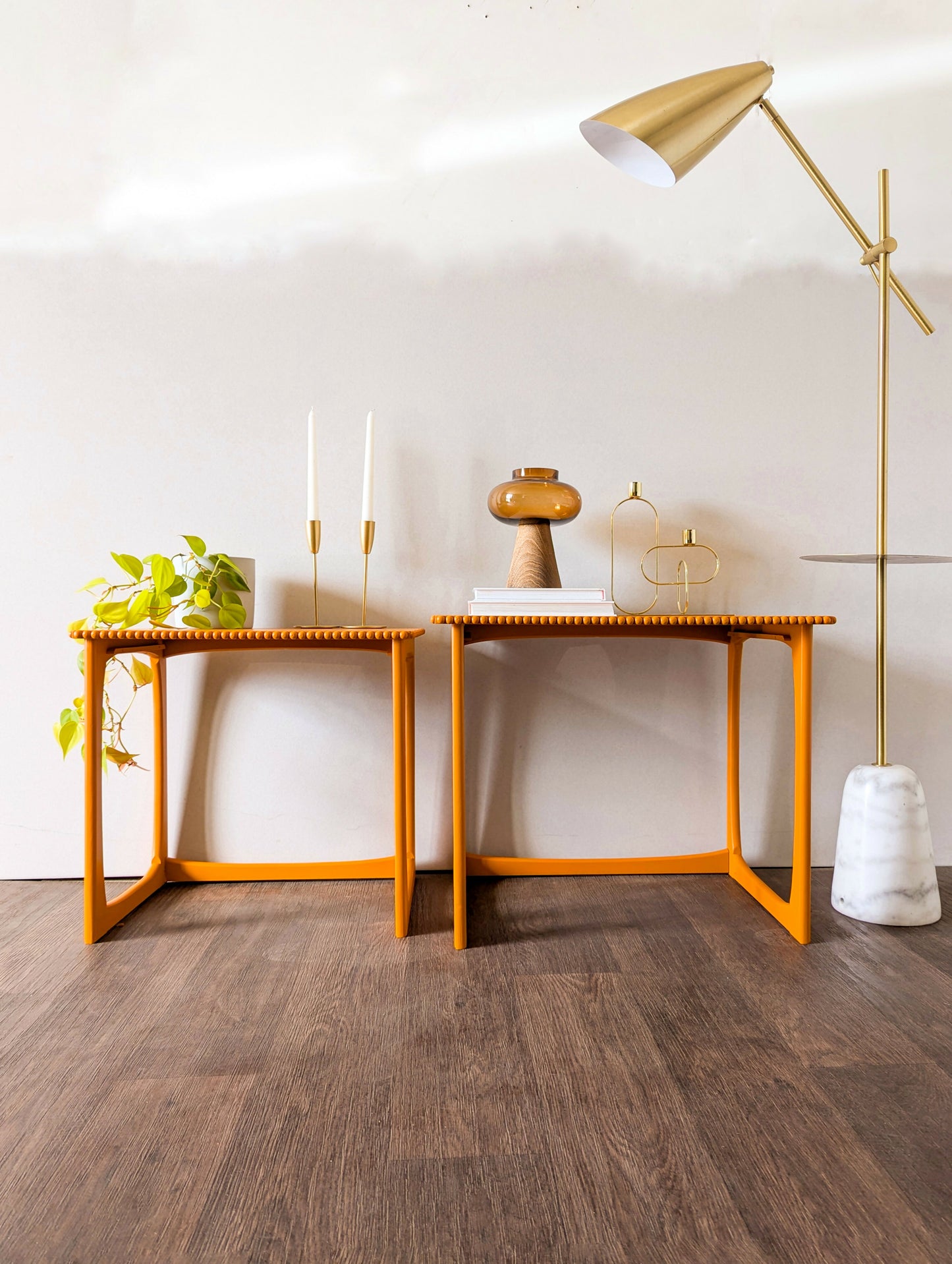 Pair of Bright Orange Side Tables/End Tables with Bobbin Details