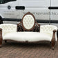 Victorian Sofa In White Leather, Walnut Show Frame, Cabriole Legs.