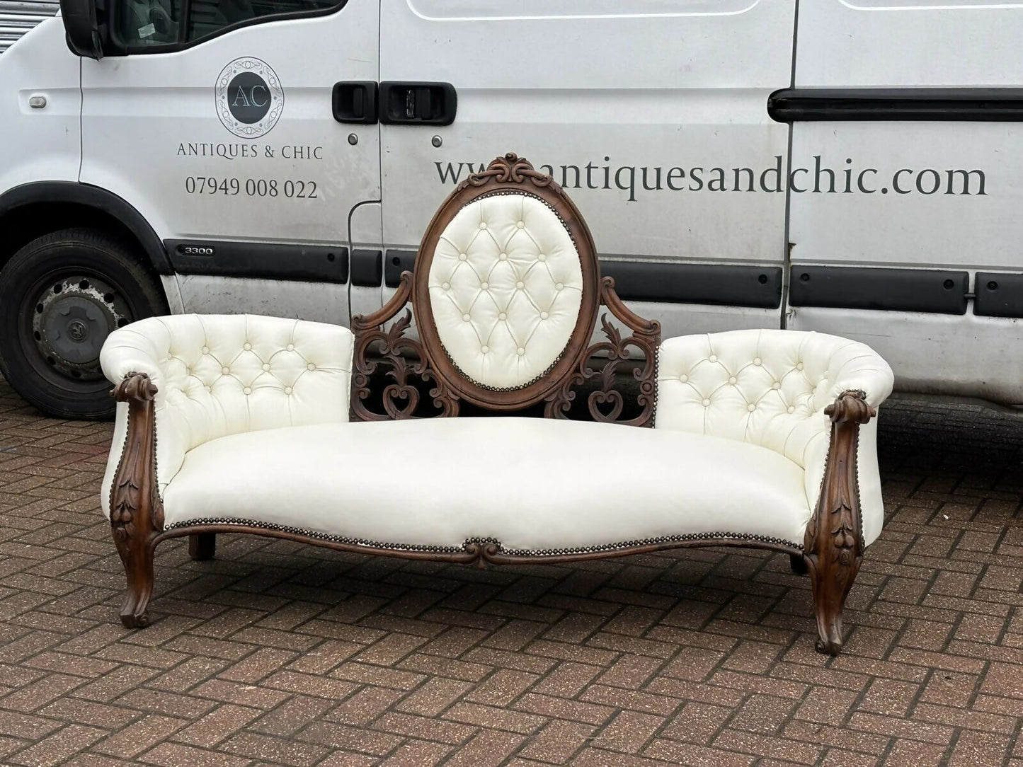 Victorian Sofa In White Leather, Walnut Show Frame, Cabriole Legs.