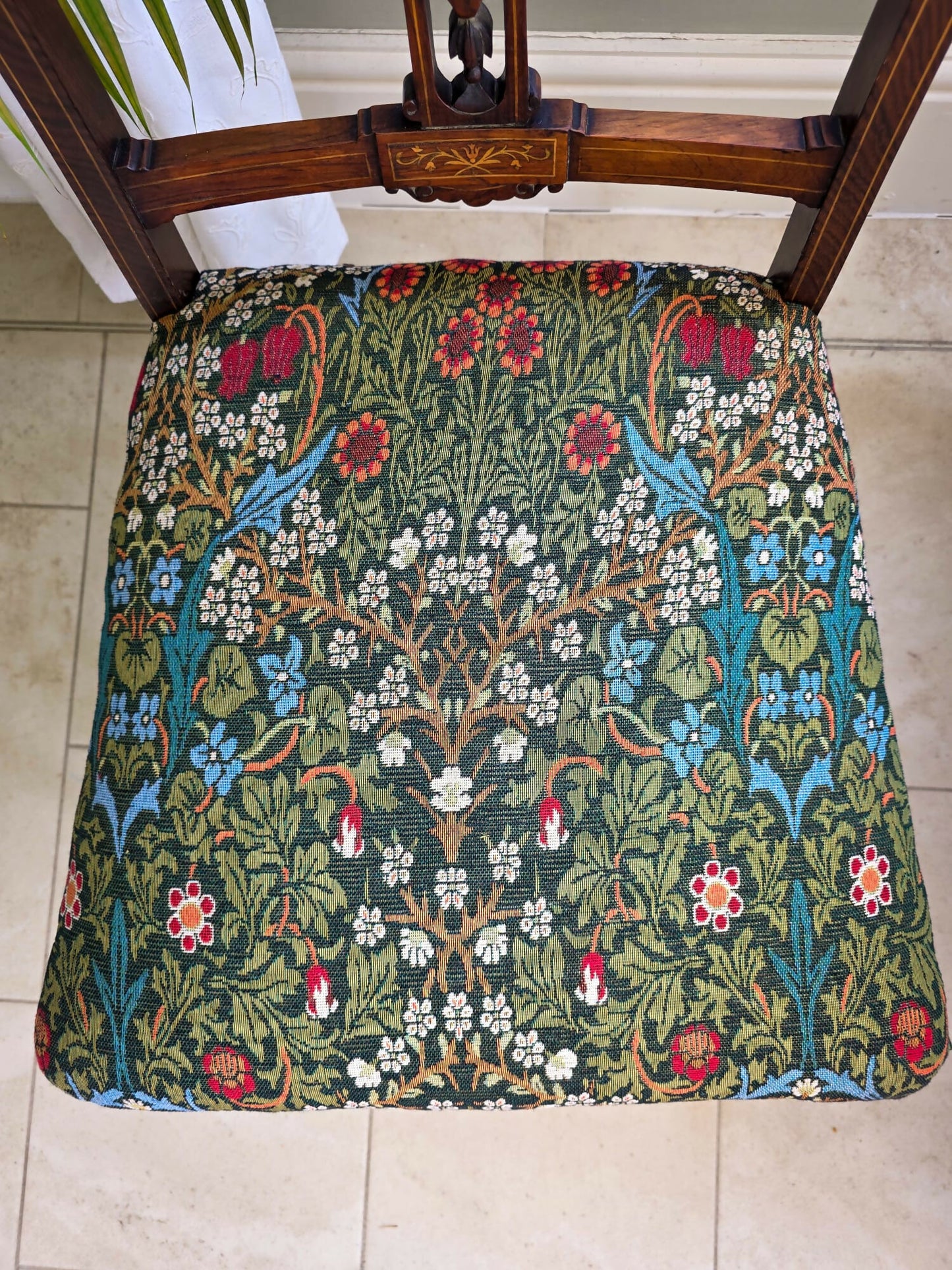 Antique, Mahogany framed Bedroom, Accent Chair on Original Castors. Covered in William Morris Fabric.
