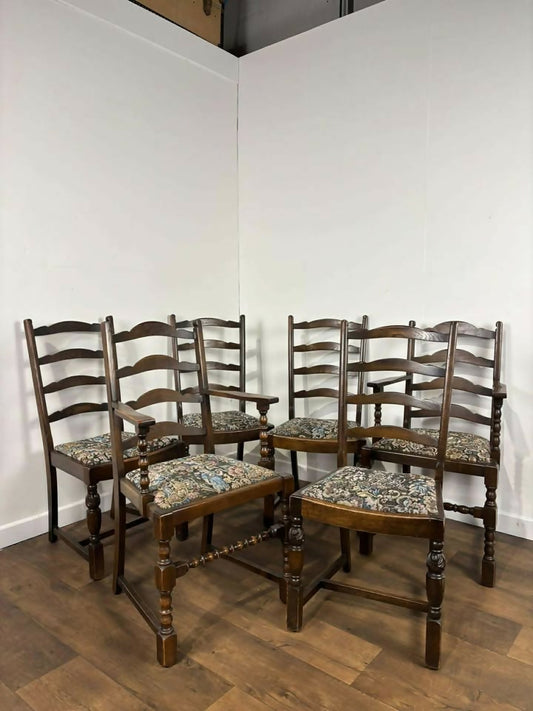 Vintage Set of Six Oak Ladder Back Dining Chairs – Including Two Carvers