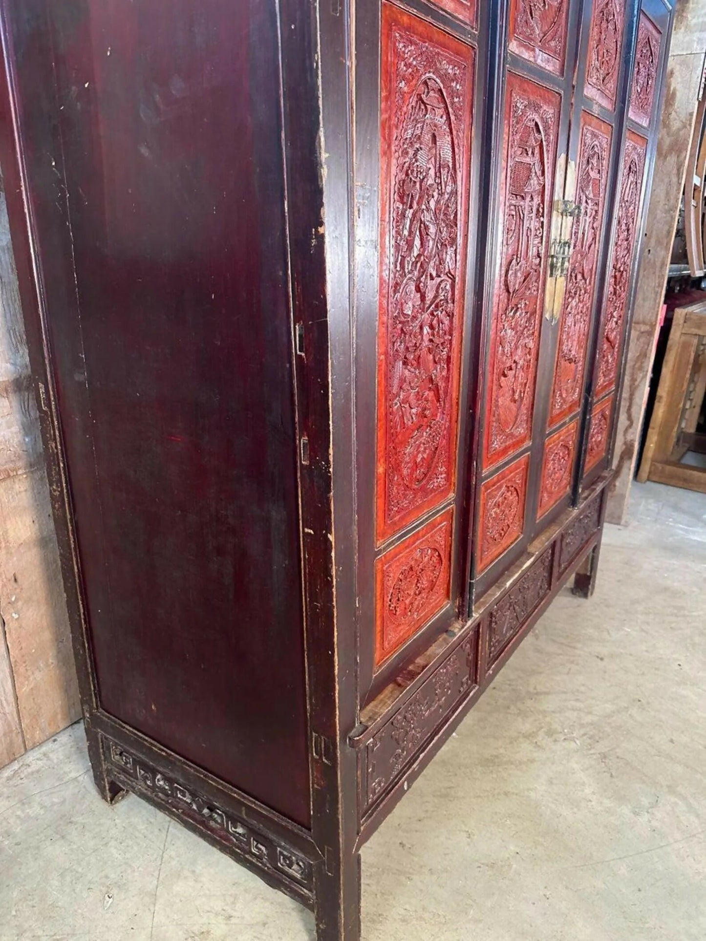 Antique Chinese Marriage Wardrobe Cabinet Triple Cupboard, C 1860