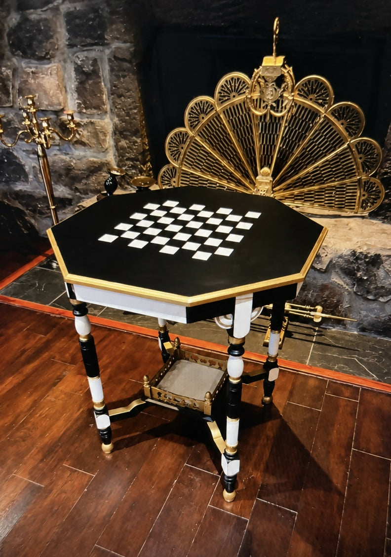Vintage Chess & Games Table Monochrome Black, White & Gold Statement Side Table