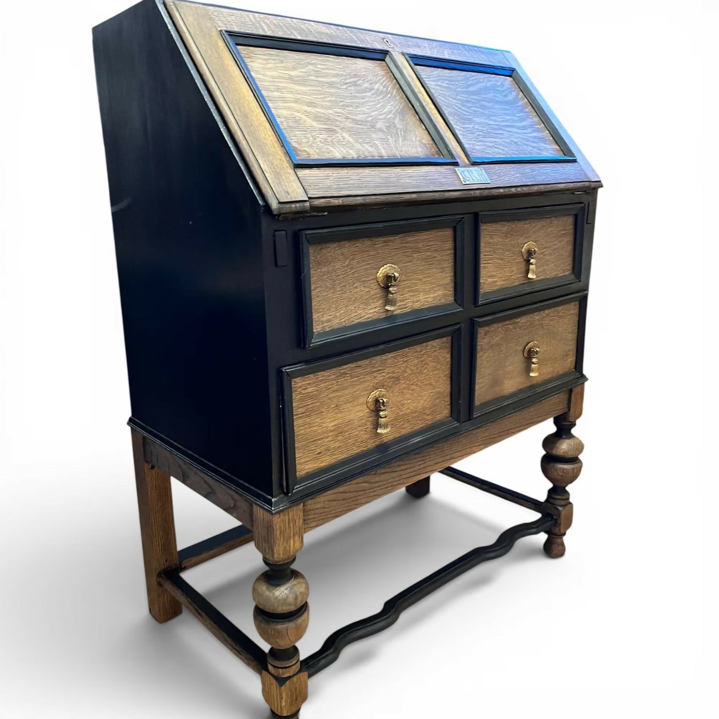 Vintage Oak Bureau Writing Desk / Fall Front Bureau / Refinished Storage Cabinet Black & Wood