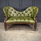 Vintage Victorian Green Buttoned Leather Double Spoon Back Sofa