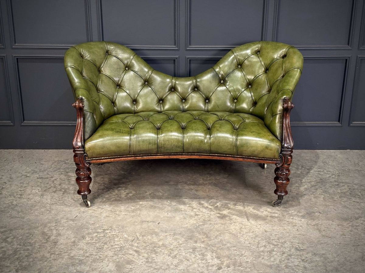 Vintage Victorian Green Buttoned Leather Double Spoon Back Sofa