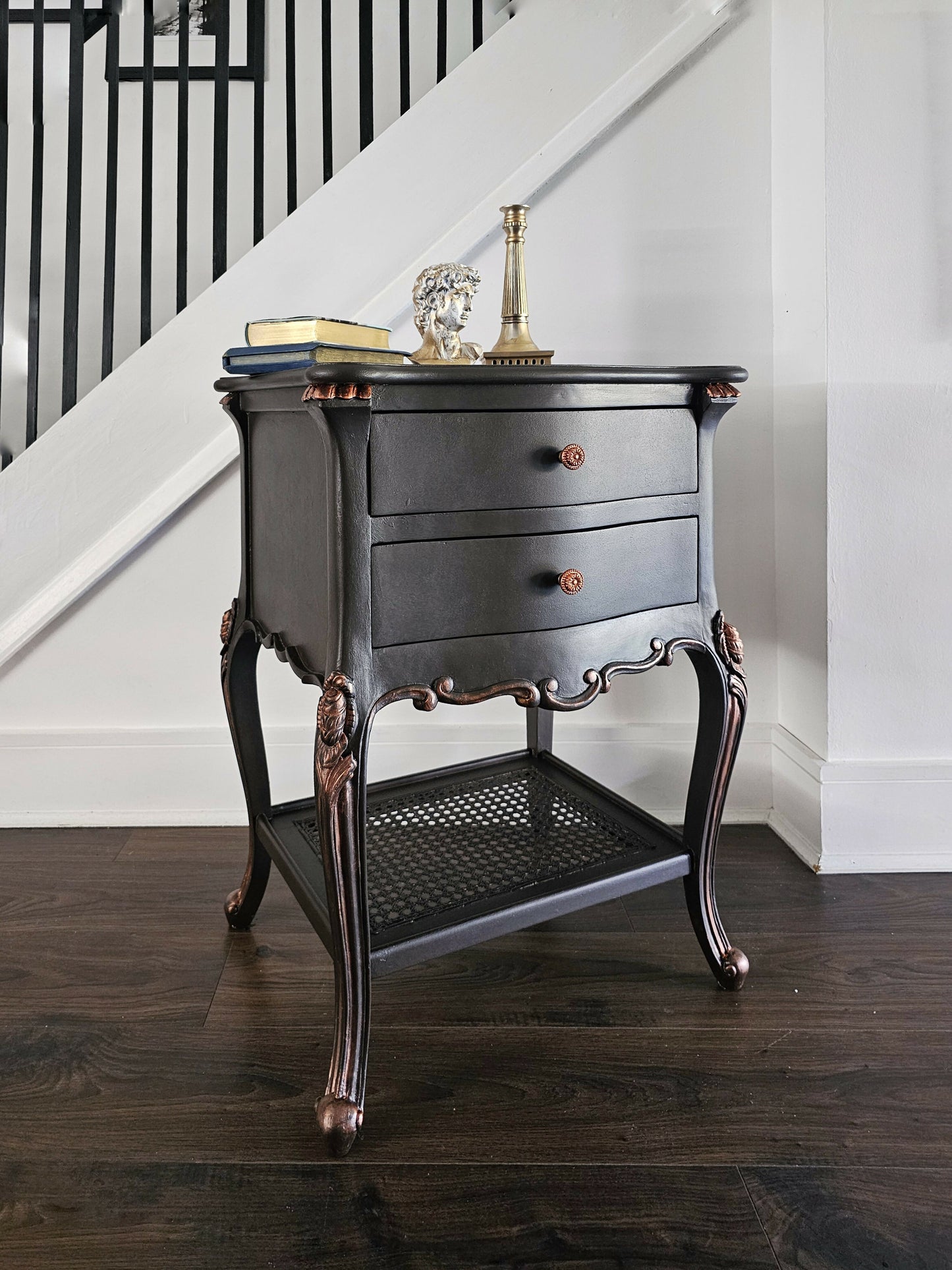French Side Table Console Table Nightsta in Chocolate Colour with Copper Accents