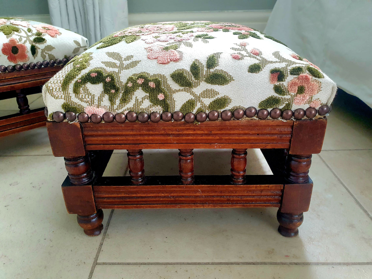 A fine Pair of late Victorian footstools. Repaired, Restored and Reupholsteted in High end French Designer fabric. Oak frames in tact.