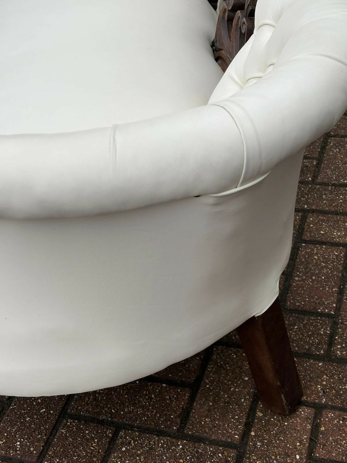 Victorian Sofa In White Leather, Walnut Show Frame, Cabriole Legs.