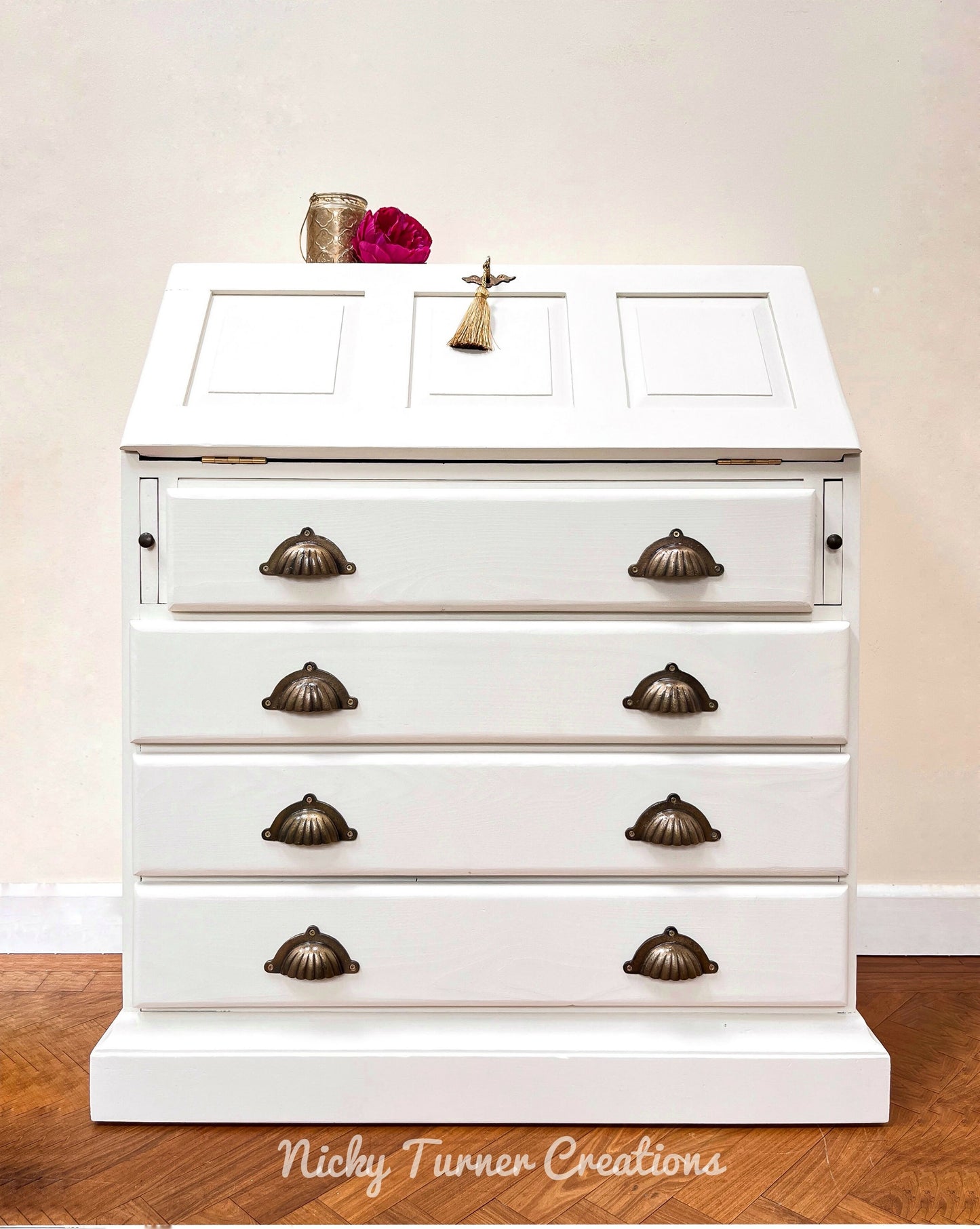 Vintage Pine Bureau Desk Hand Painted in a Soft white with Olive Green and Gold Interior