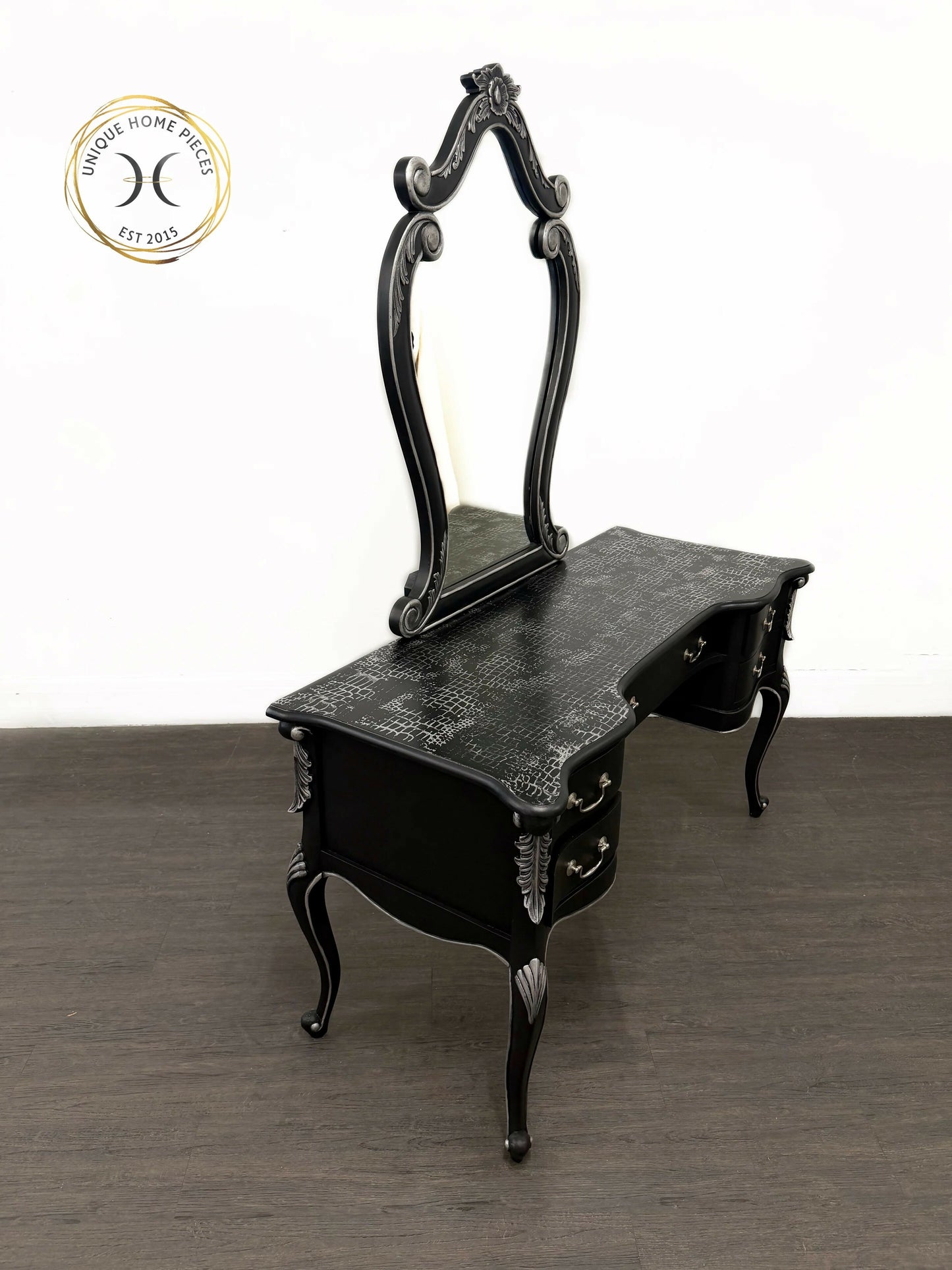 Contemporary Black and Silver French Rococo Dressing Table With Mirror