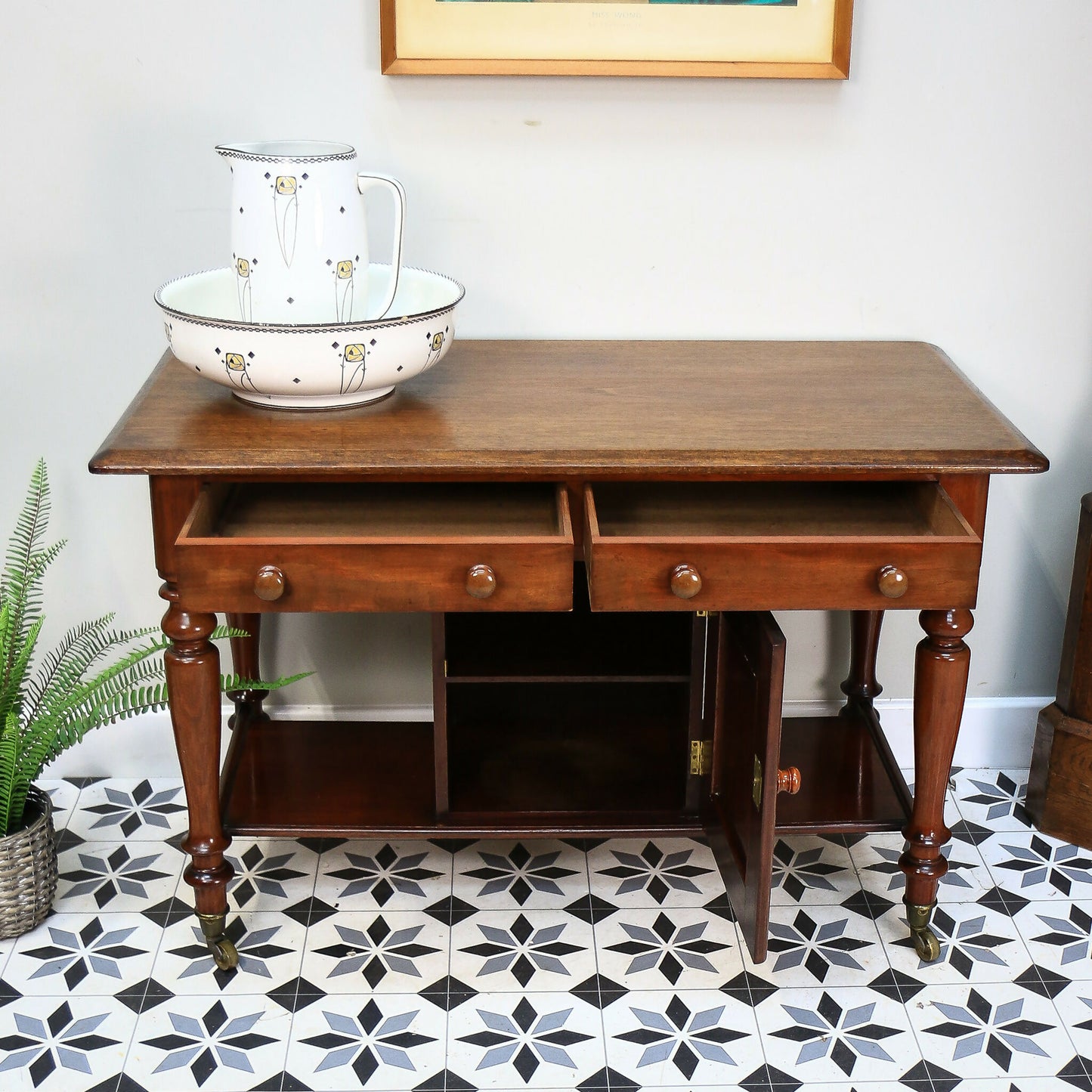 Victorian Mahogany Antique Side Table Wash Stand on Castors