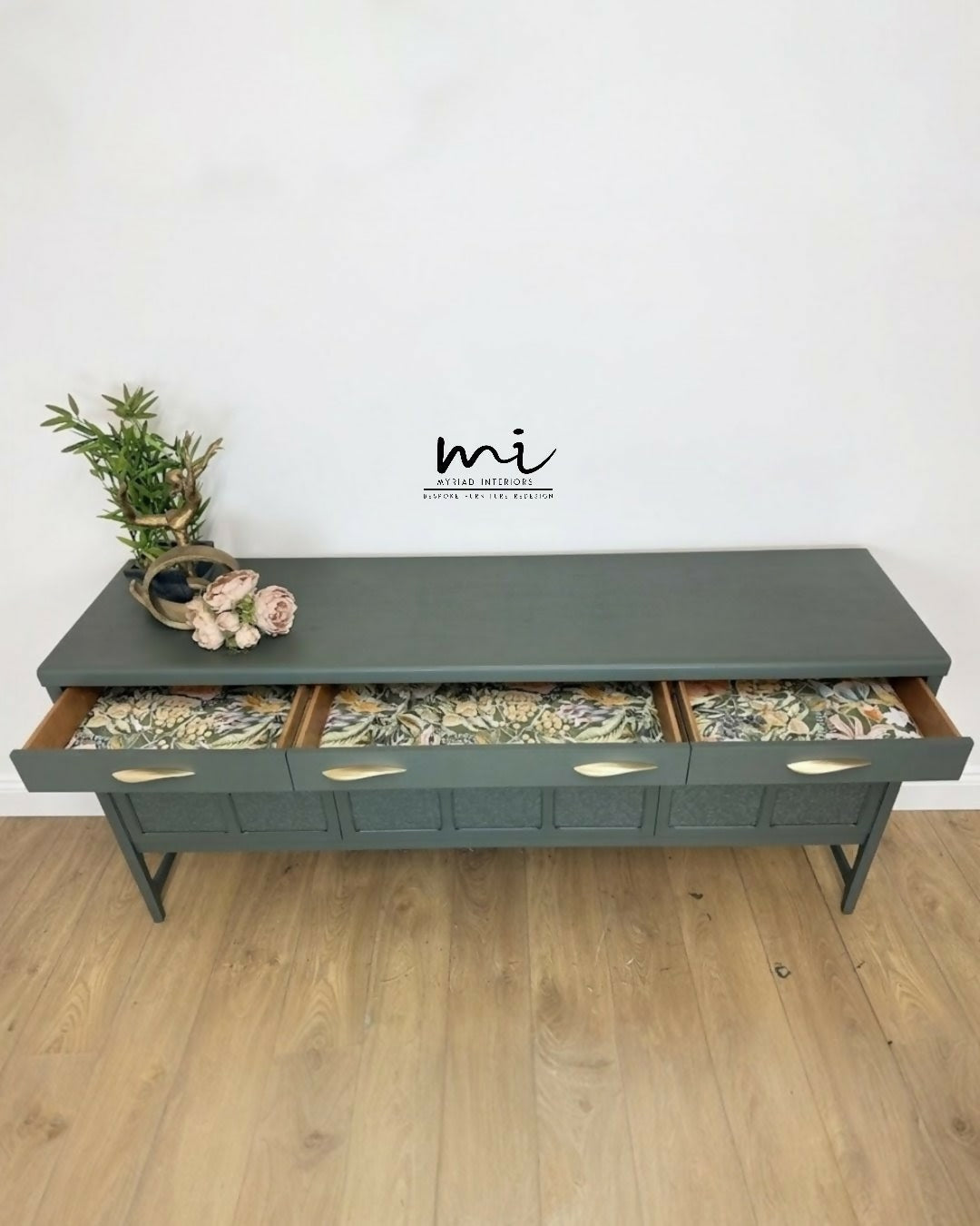 PAINTED TO ORDER Refinished Vintage Large Nathan Sideboard Drinks Cabinet In Deep Dusky Olive Green