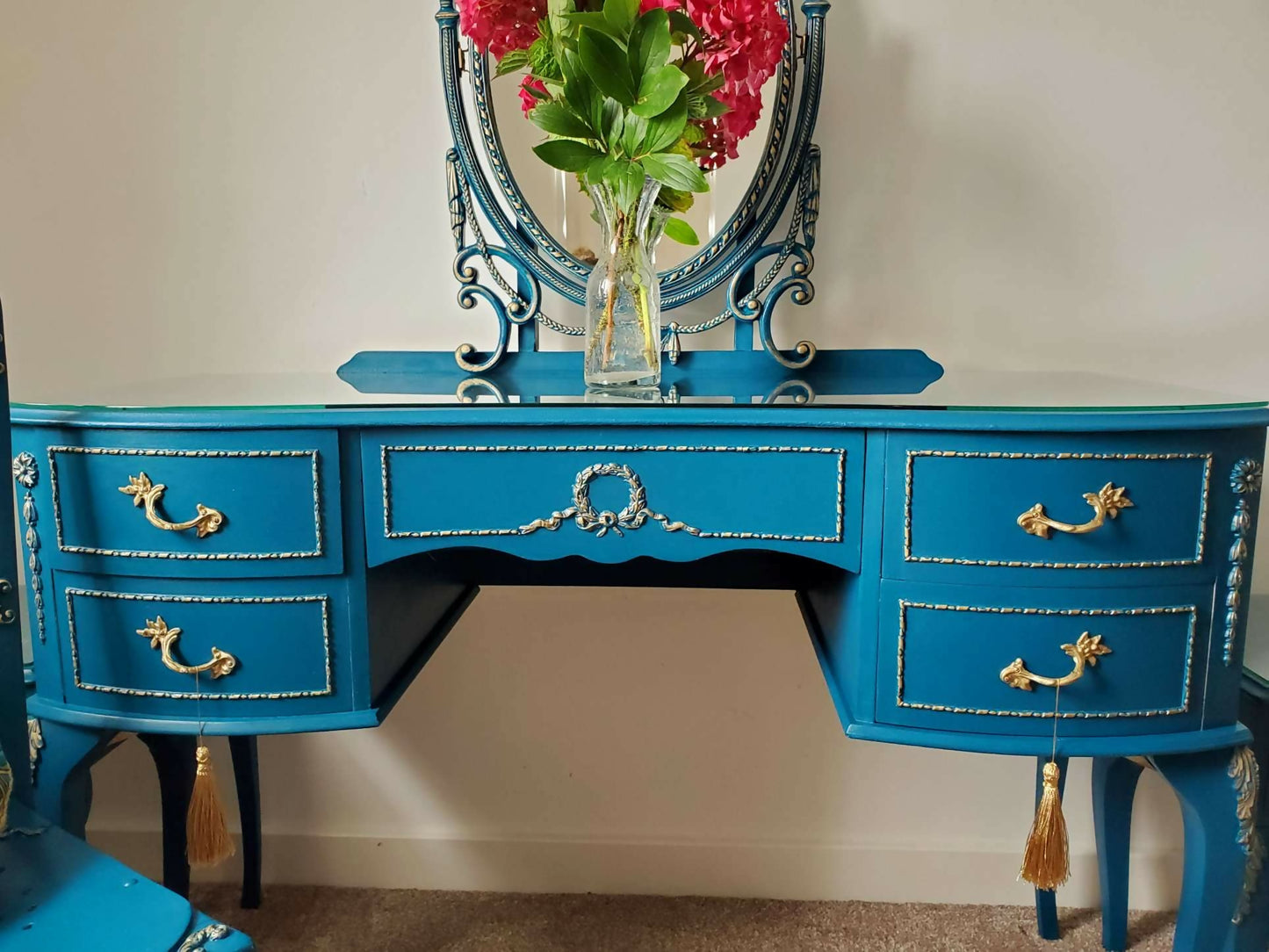 Vintage French Style Romantic Dressing Table with Chair and two Bedside Cabinets